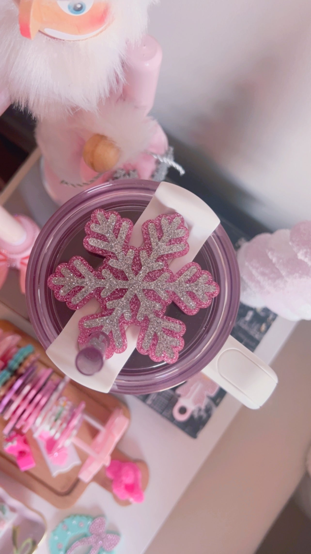 Sparkly Stanley Lid Topper | Snowflake | 40oz | Pink & Silver Sparkle