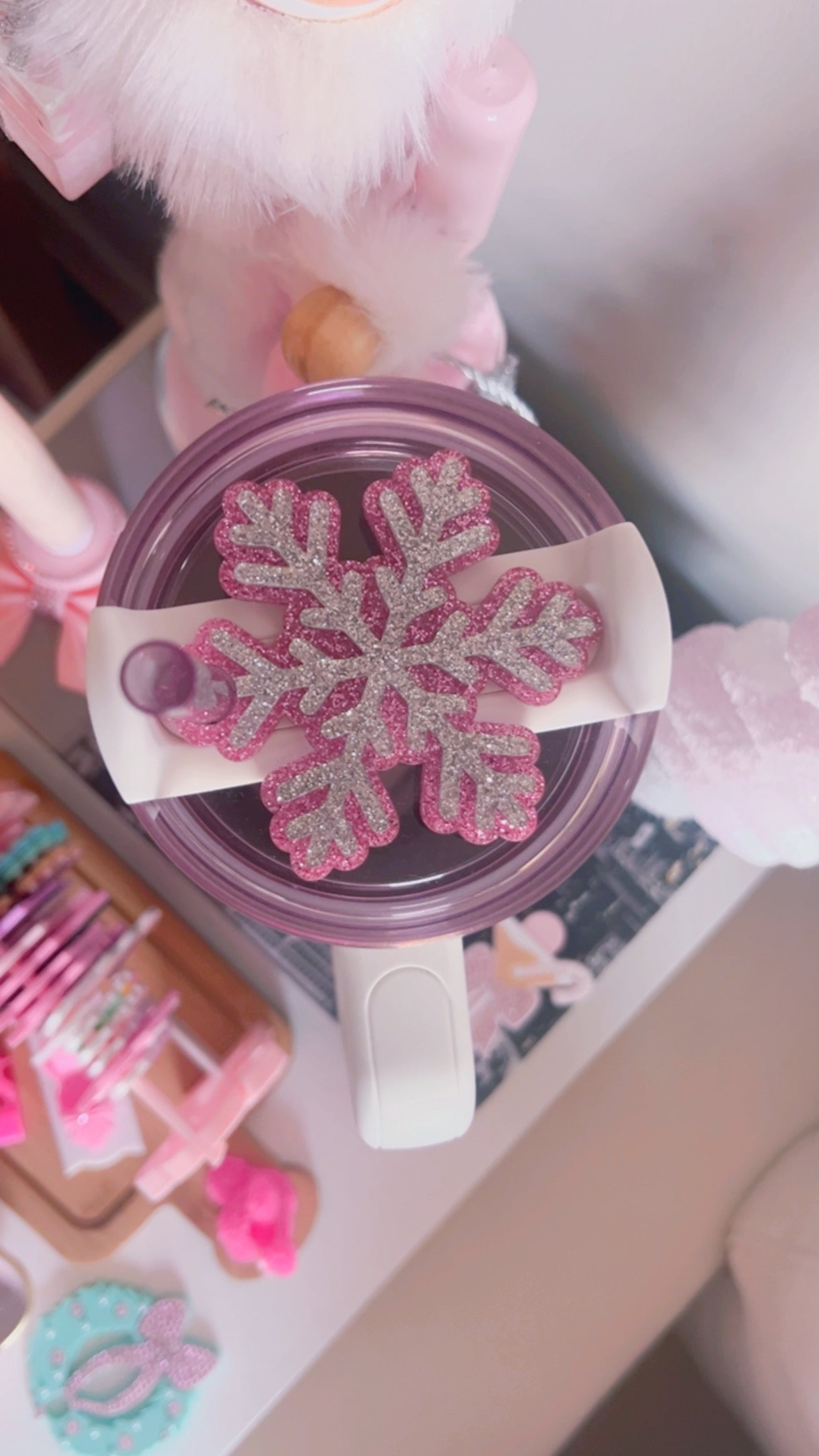 Sparkly Stanley Lid Topper | Snowflake | 40oz | Pink & Silver Sparkle