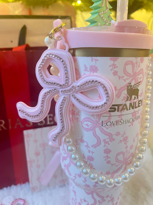 Tumbler silicone holder with pearl chain & sparkly bow charm