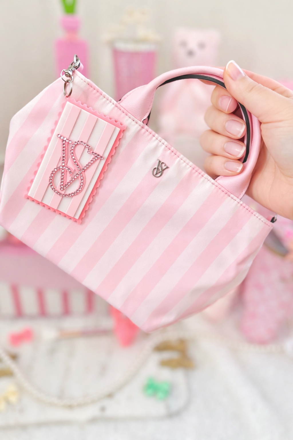 Pink Rhinestone Monogram Keychain | Girly Aesthetic Bag Charm
