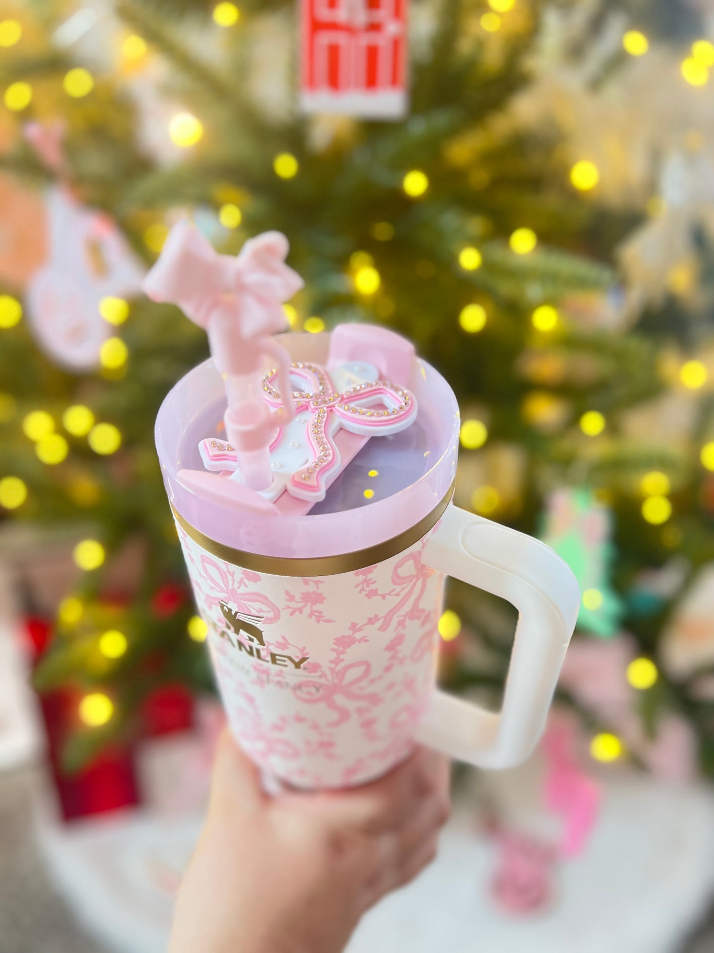 Pink Bow Straw Topper with Pearls • Girly Stanley Cup Topper