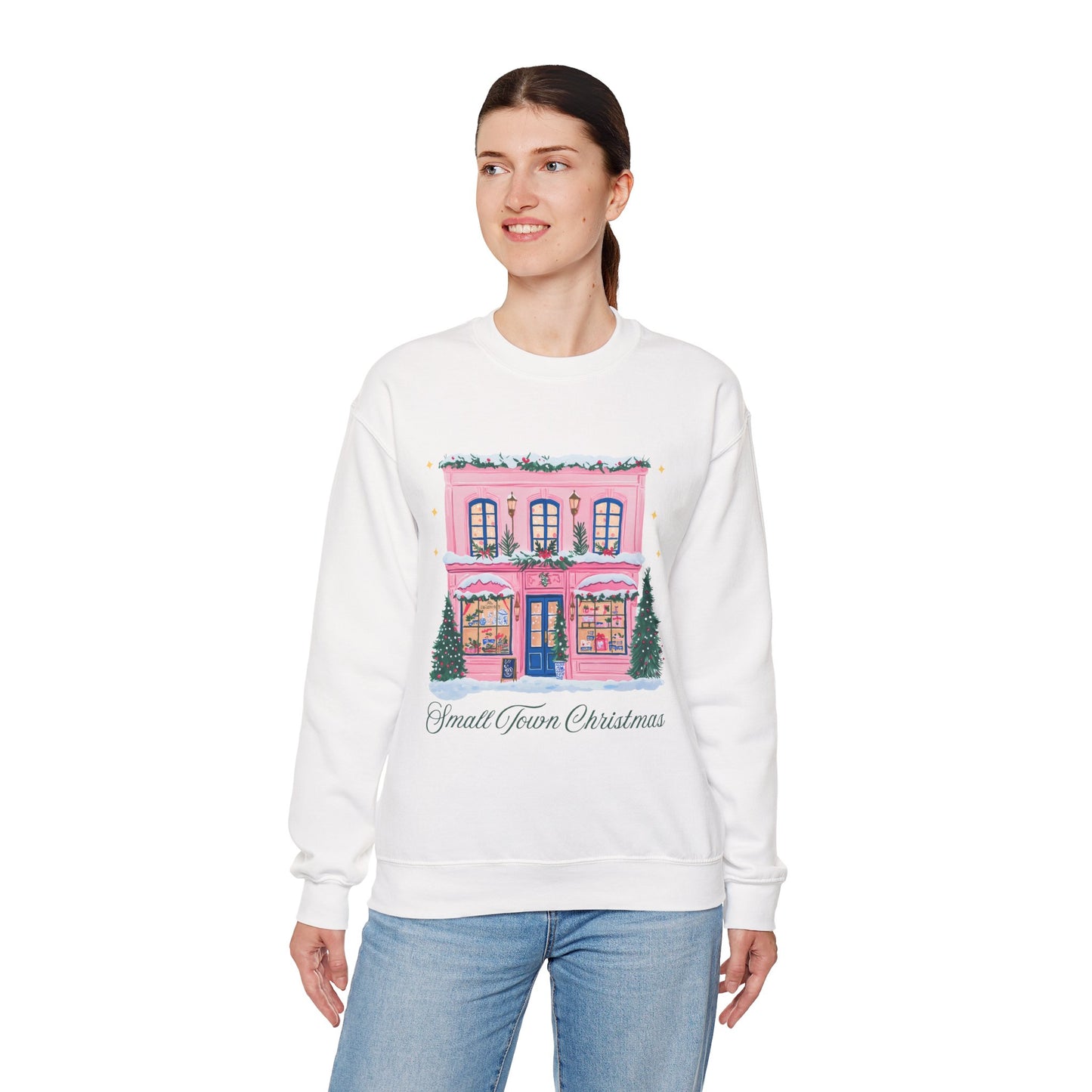 Crewneck Sweatshirt | Small Town Christmas Pink Shop Holiday Graphic