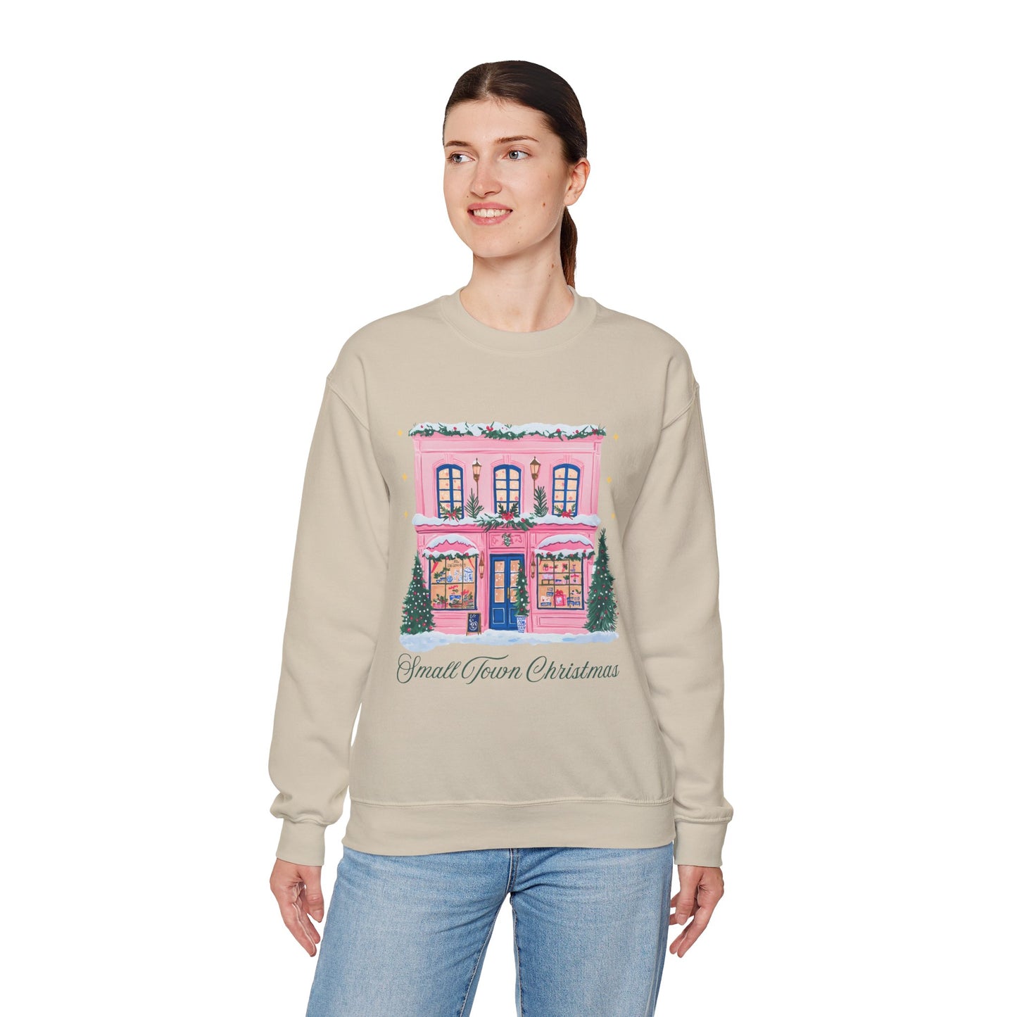 Crewneck Sweatshirt | Small Town Christmas Pink Shop Holiday Graphic