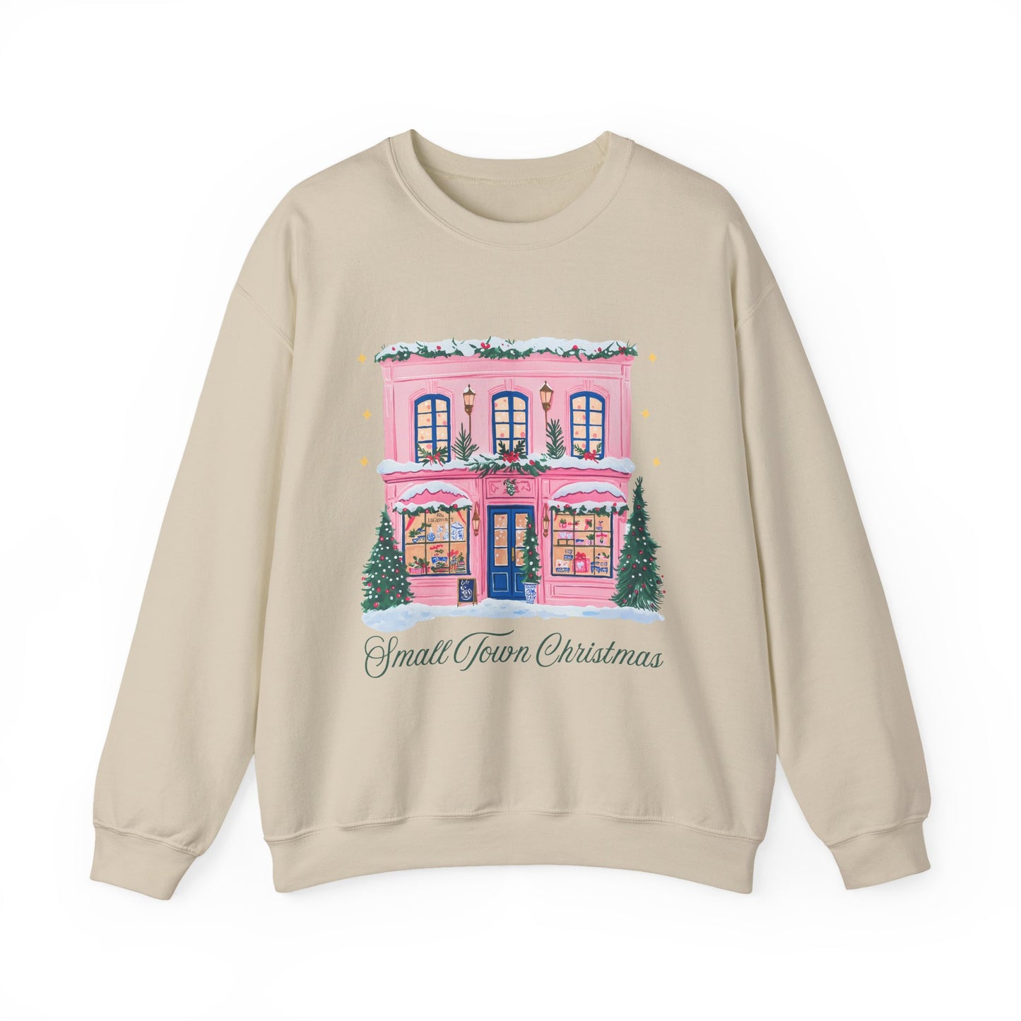 Crewneck Sweatshirt | Small Town Christmas Pink Shop Holiday Graphic