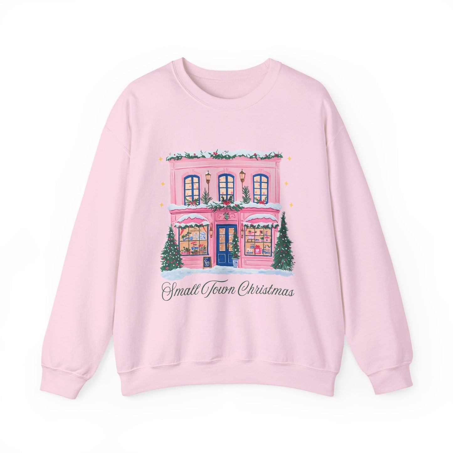 Crewneck Sweatshirt | Small Town Christmas Pink Shop Holiday Graphic