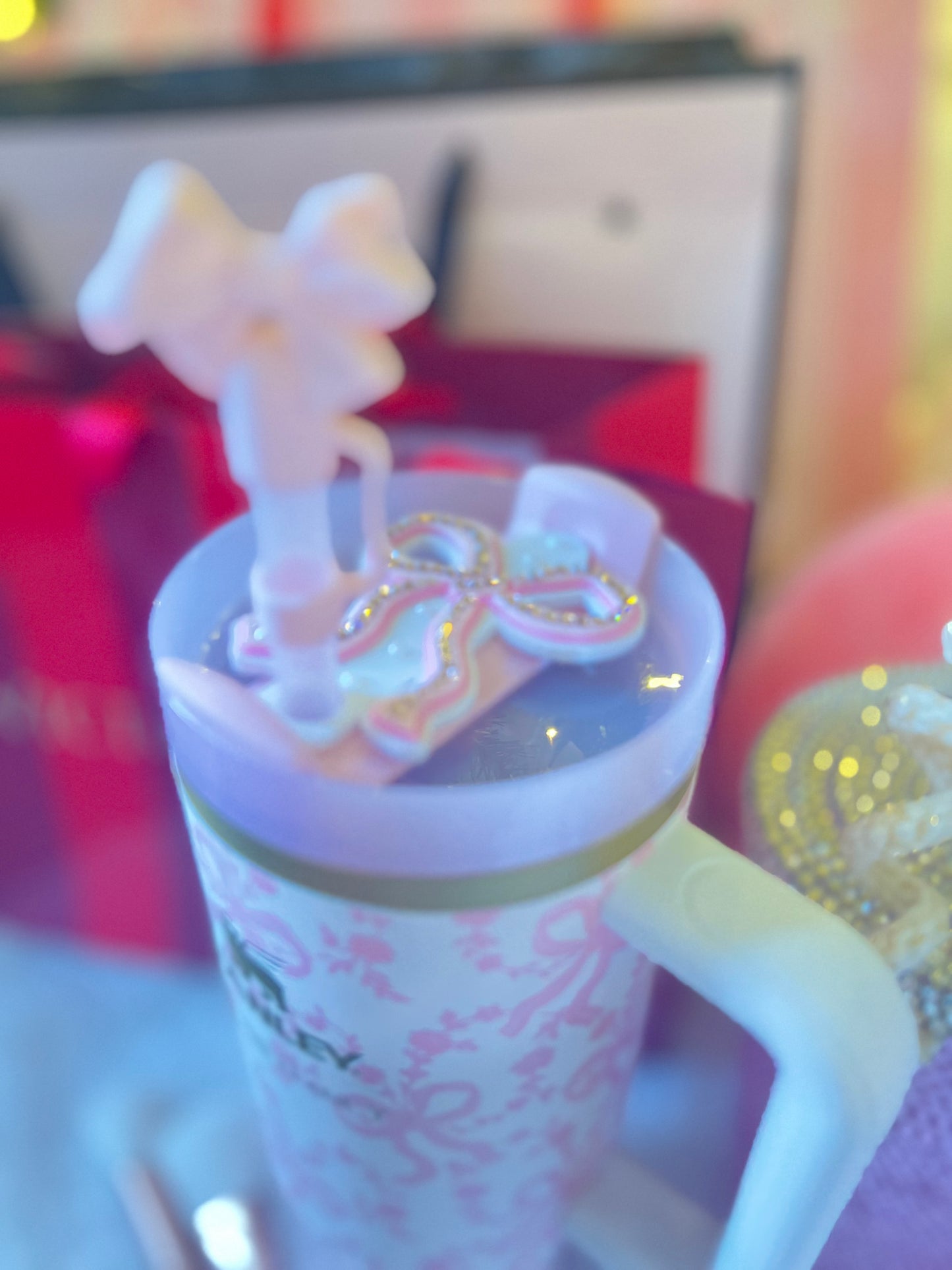 Pink Bow Straw Topper with Pearls • Girly Stanley Cup Topper