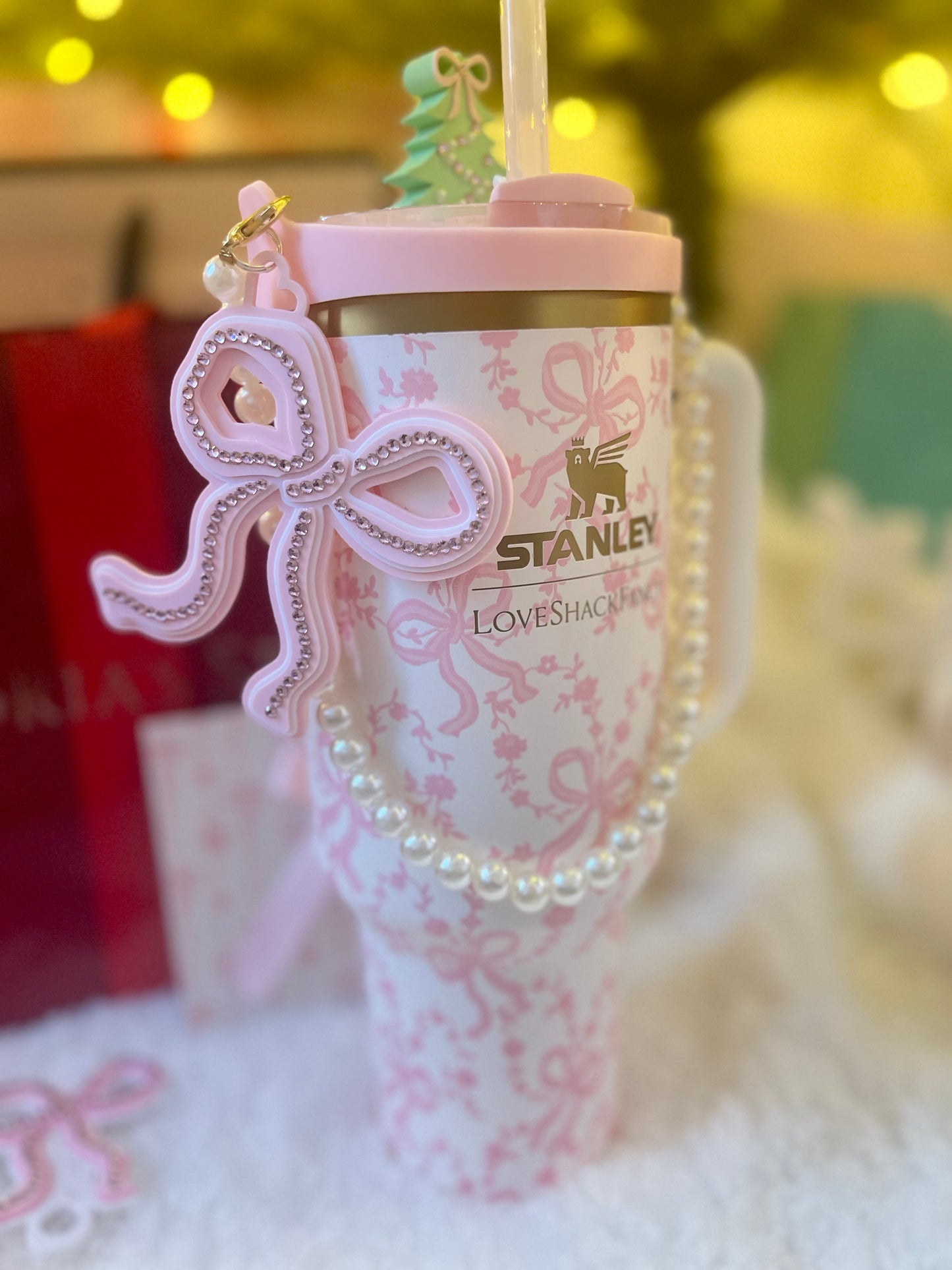 Tumbler silicone holder with pearl chain & sparkly bow charm
