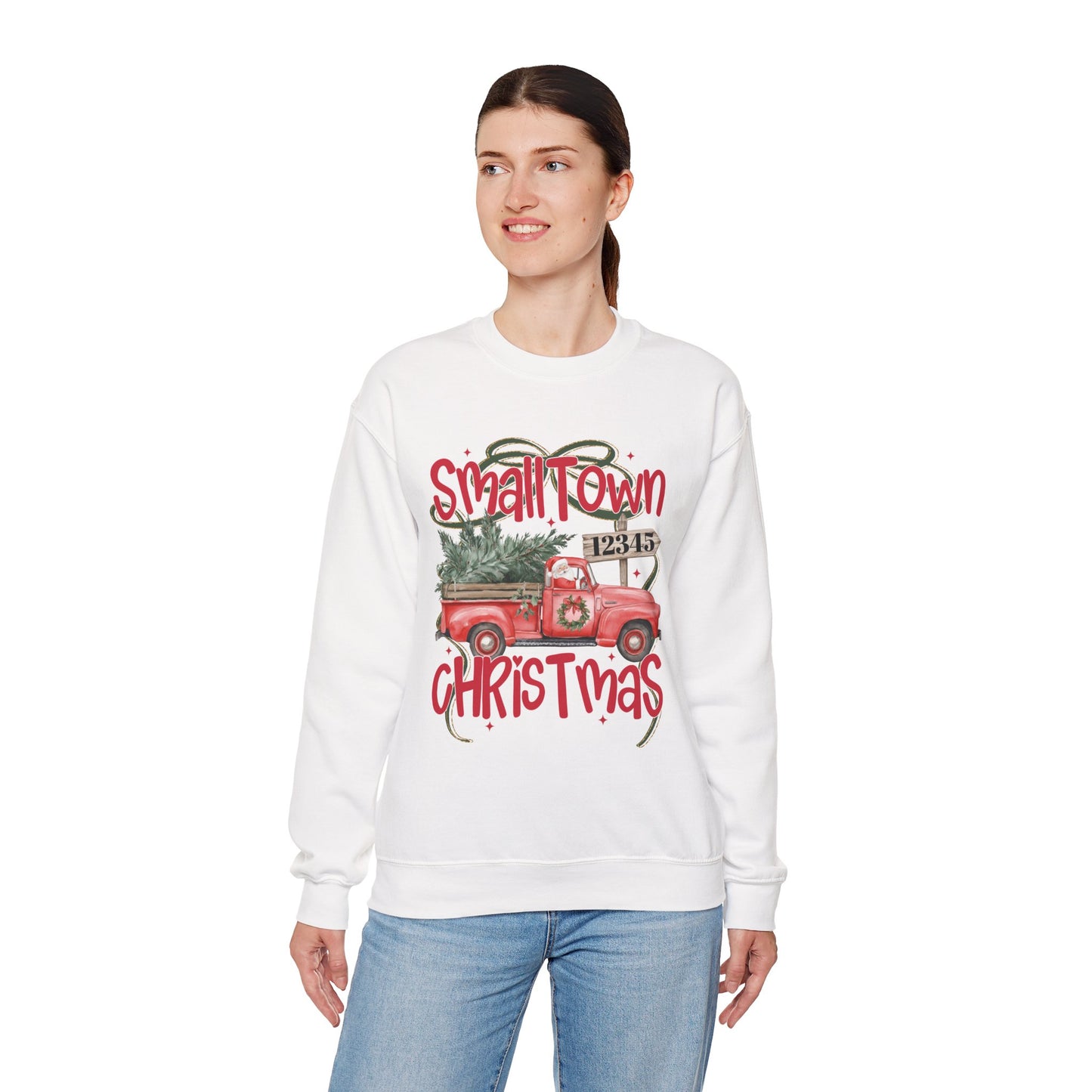 Small Town Christmas Sweatshirt - Vintage Red Truck with Tree Holiday Crewneck