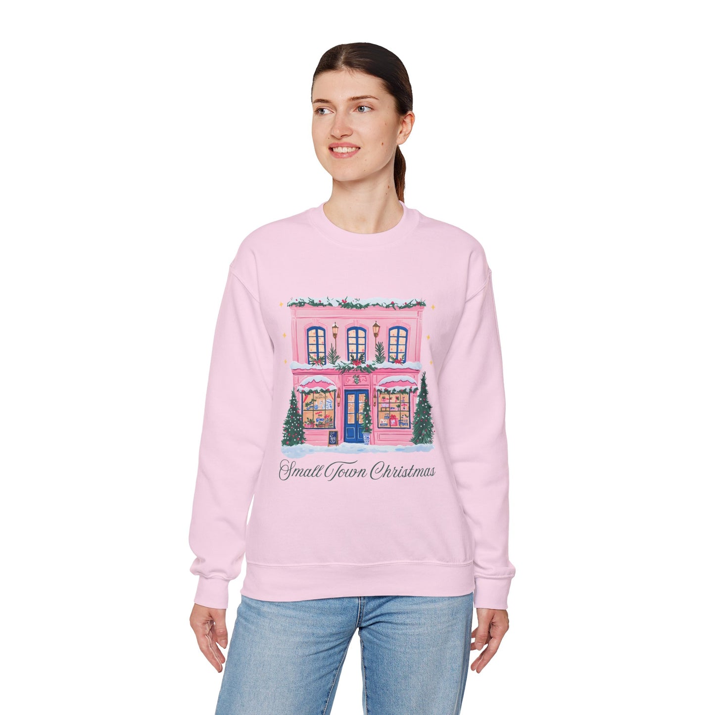 Crewneck Sweatshirt | Small Town Christmas Pink Shop Holiday Graphic