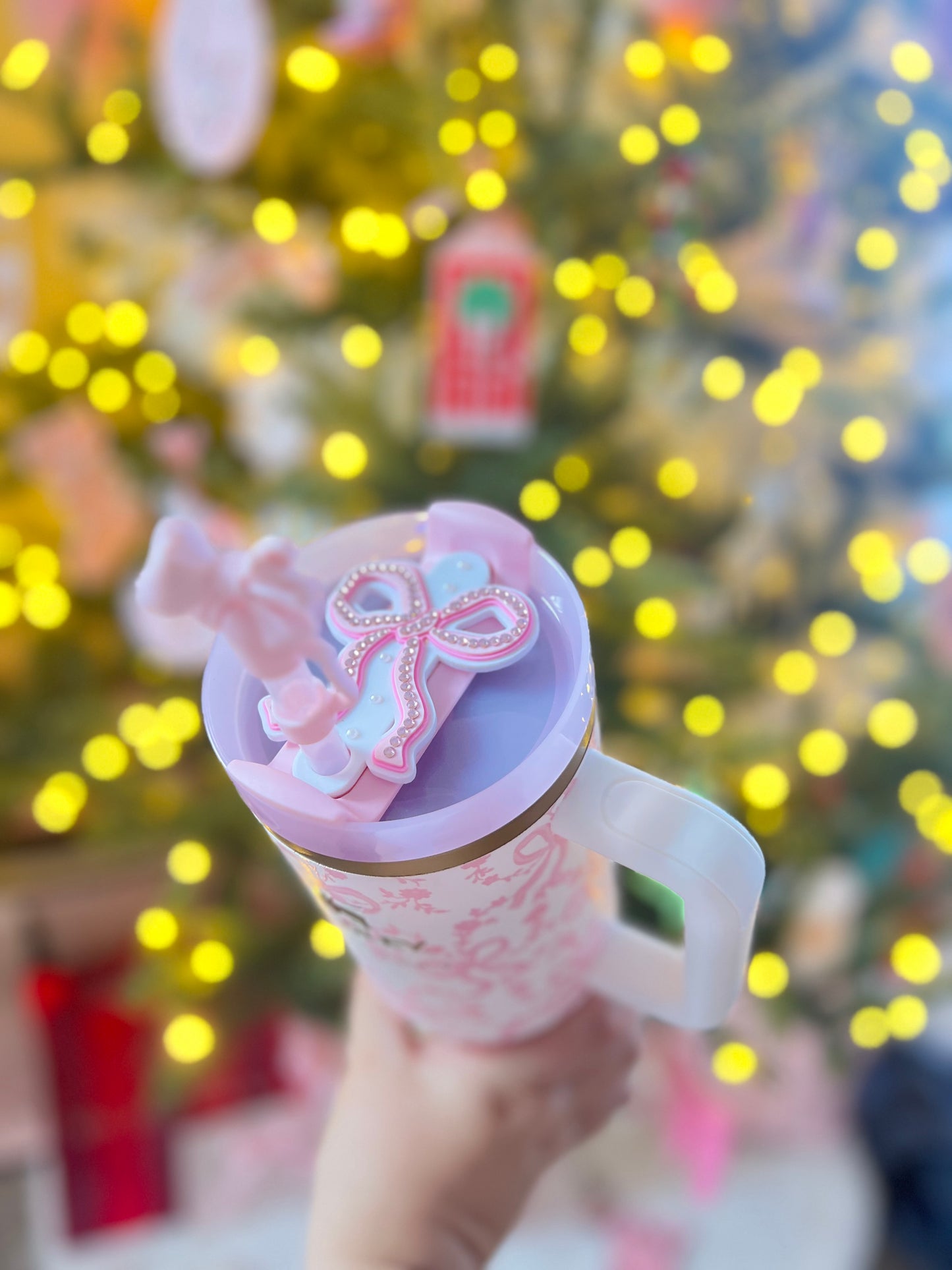 Pink Bow Straw Topper with Pearls • Girly Stanley Cup Topper