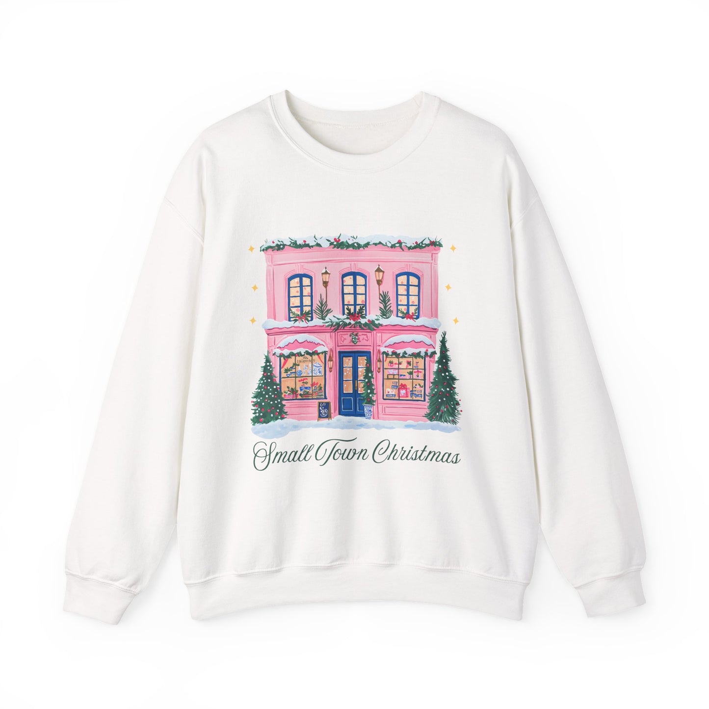 Crewneck Sweatshirt | Small Town Christmas Pink Shop Holiday Graphic