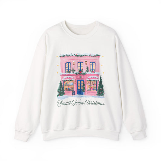 Crewneck Sweatshirt | Small Town Christmas Pink Shop Holiday Graphic