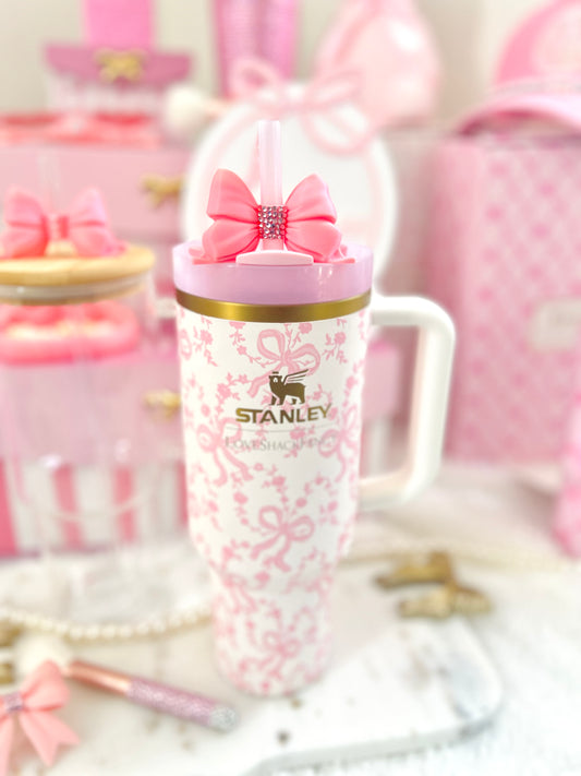 Pink Bow Straw Topper with Rhinestones for Stanley Cup | Coquette Lid Charm Accessory