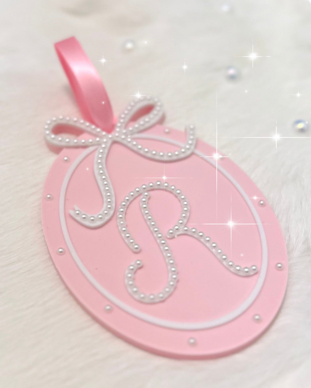 Personalized Pink Christmas Ornament: Pearl Initial Monogram & Bow