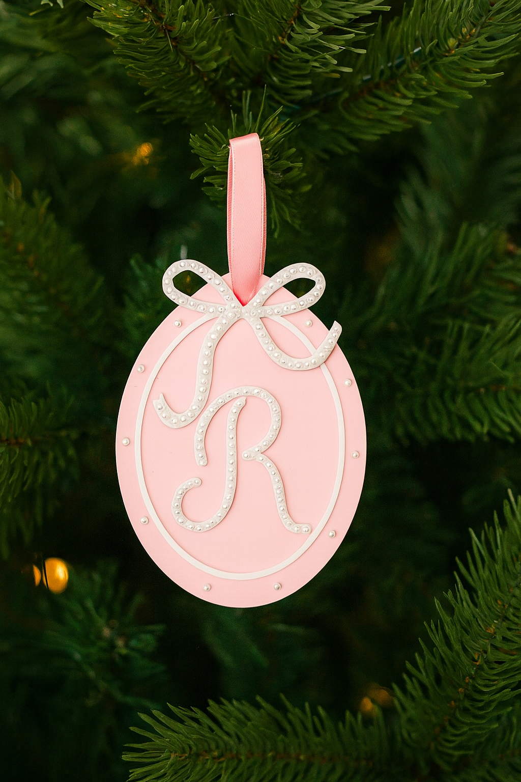 Personalized Pink Christmas Ornament: Pearl Initial Monogram & Bow