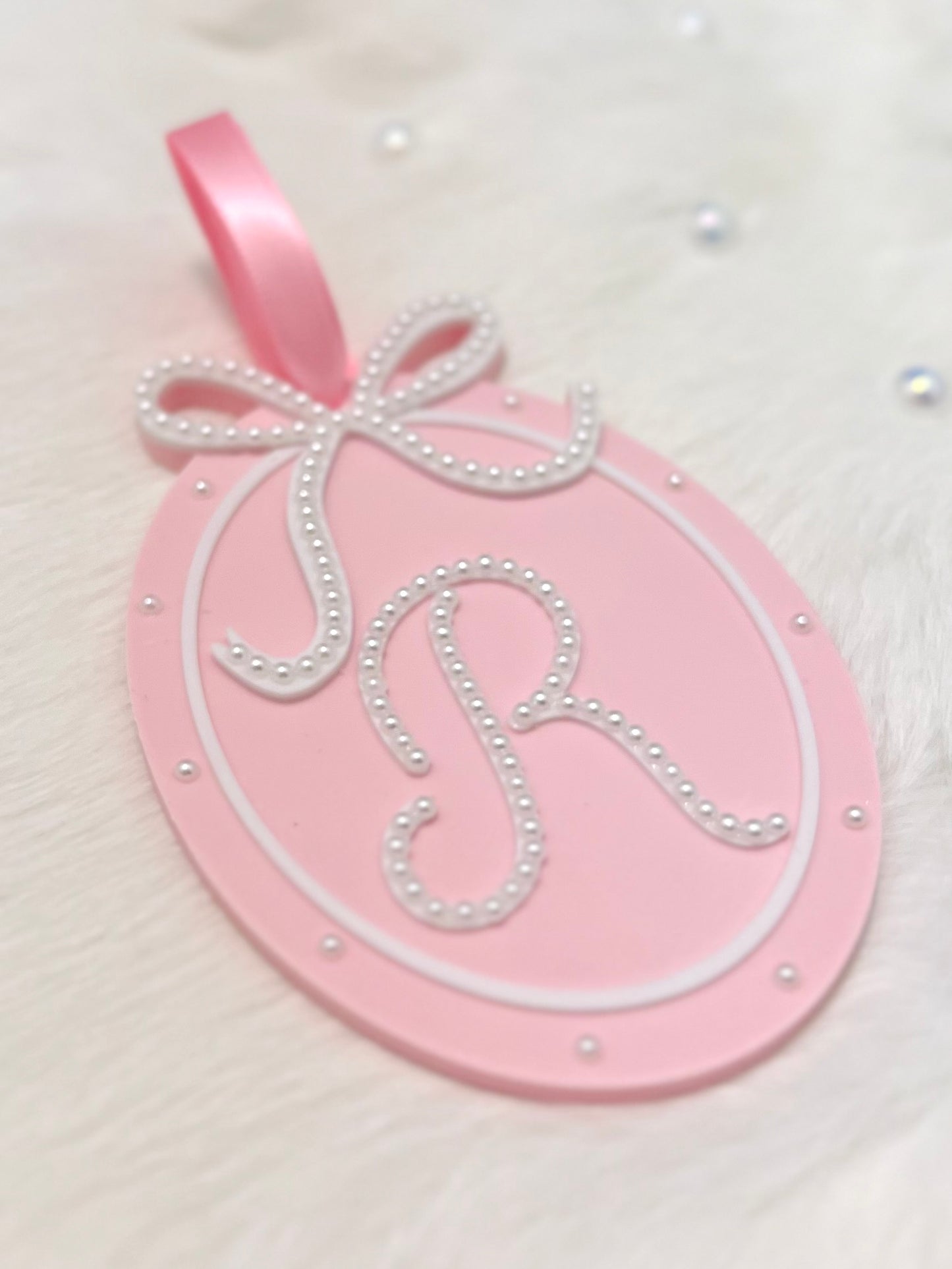 Personalized Pink Christmas Ornament: Pearl Initial Monogram & Bow