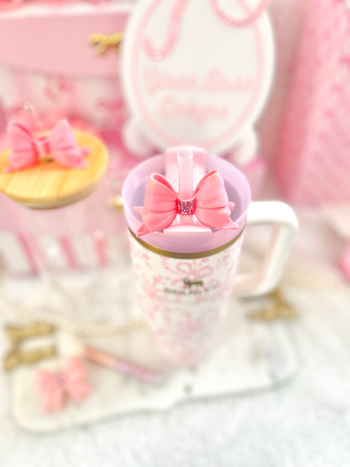 Pink Bow Straw Topper with Rhinestones for Stanley Cup | Coquette Lid Charm Accessory