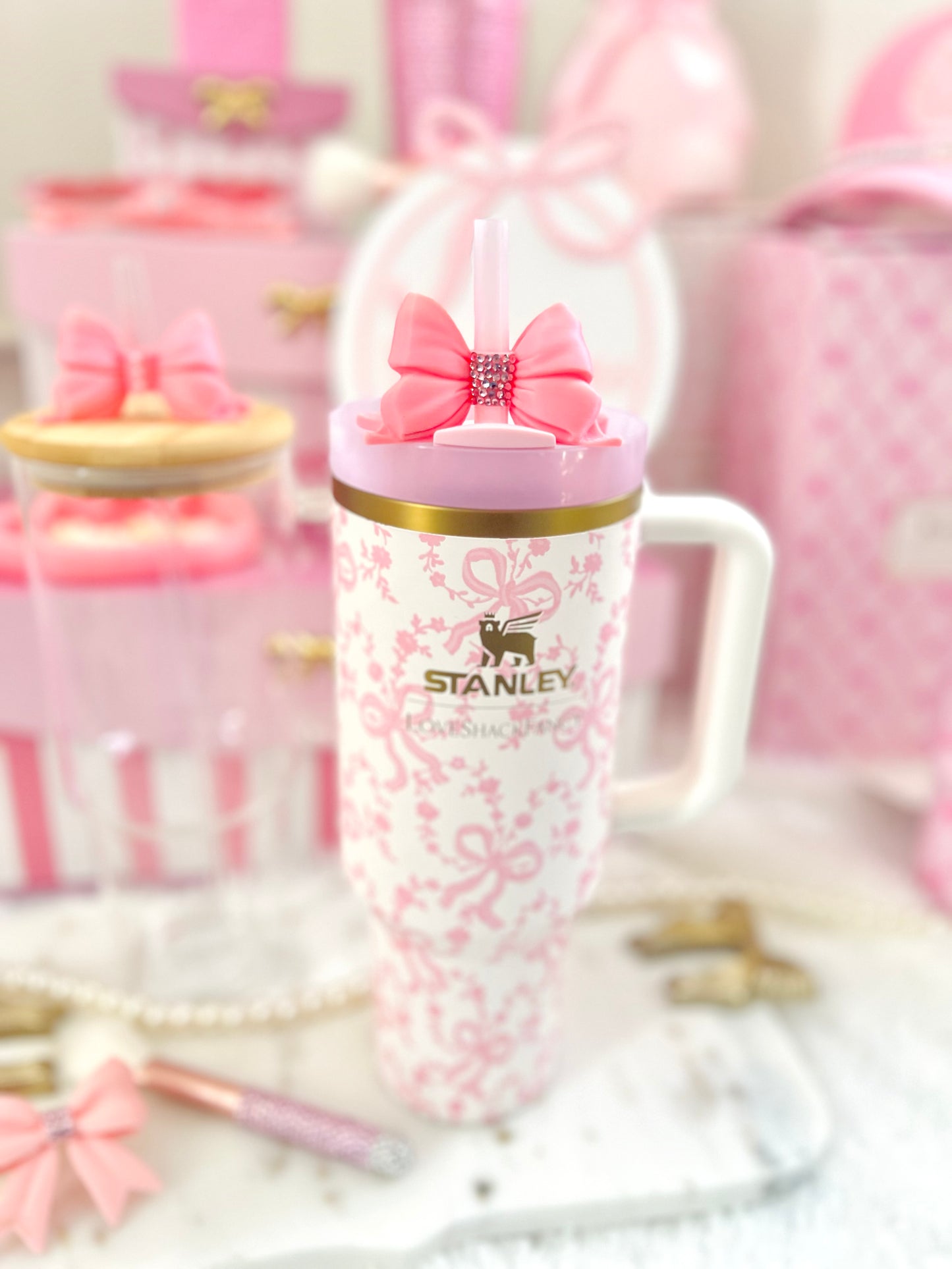 Pink Bow Straw Topper with Rhinestones for Stanley Cup | Coquette Lid Charm Accessory