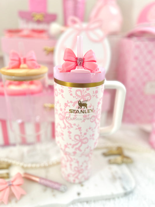 Pink Bow Straw Topper with Rhinestones for Stanley Cup | Coquette Lid Charm Accessory