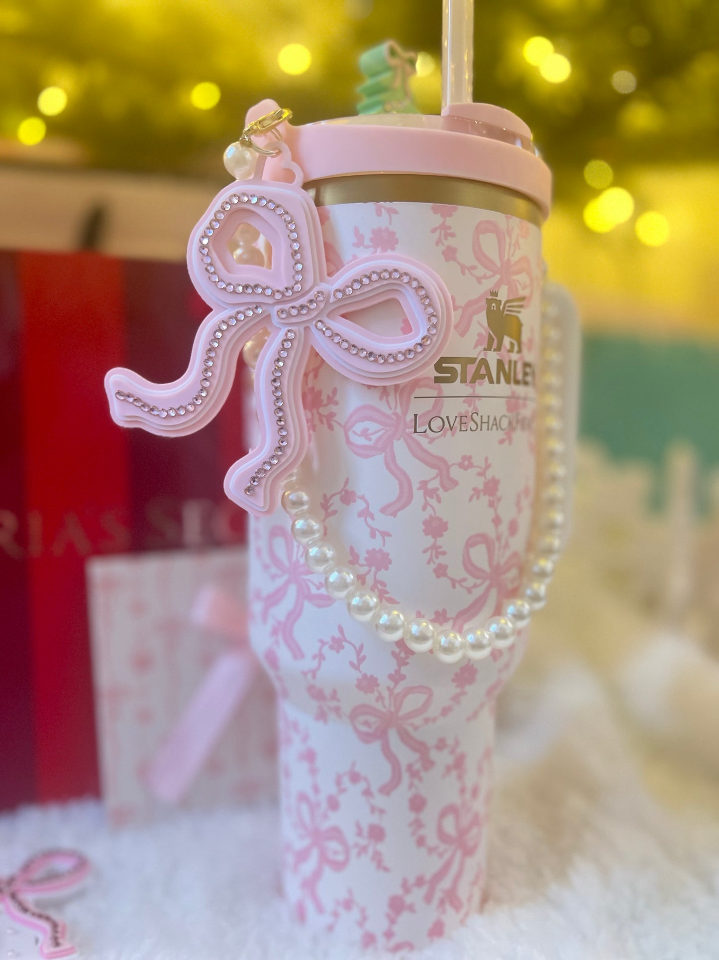 Tumbler silicone holder with pearl chain & sparkly bow charm