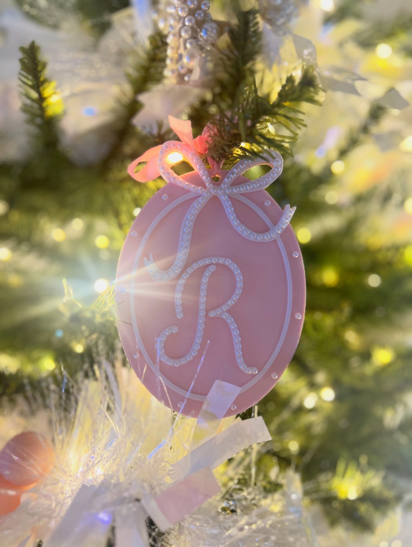 Personalized Pink Christmas Ornament: Pearl Initial Monogram & Bow