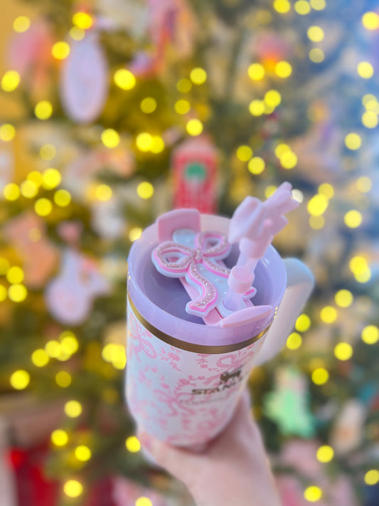 Pink Bow Straw Topper with Pearls • Girly Stanley Cup Topper